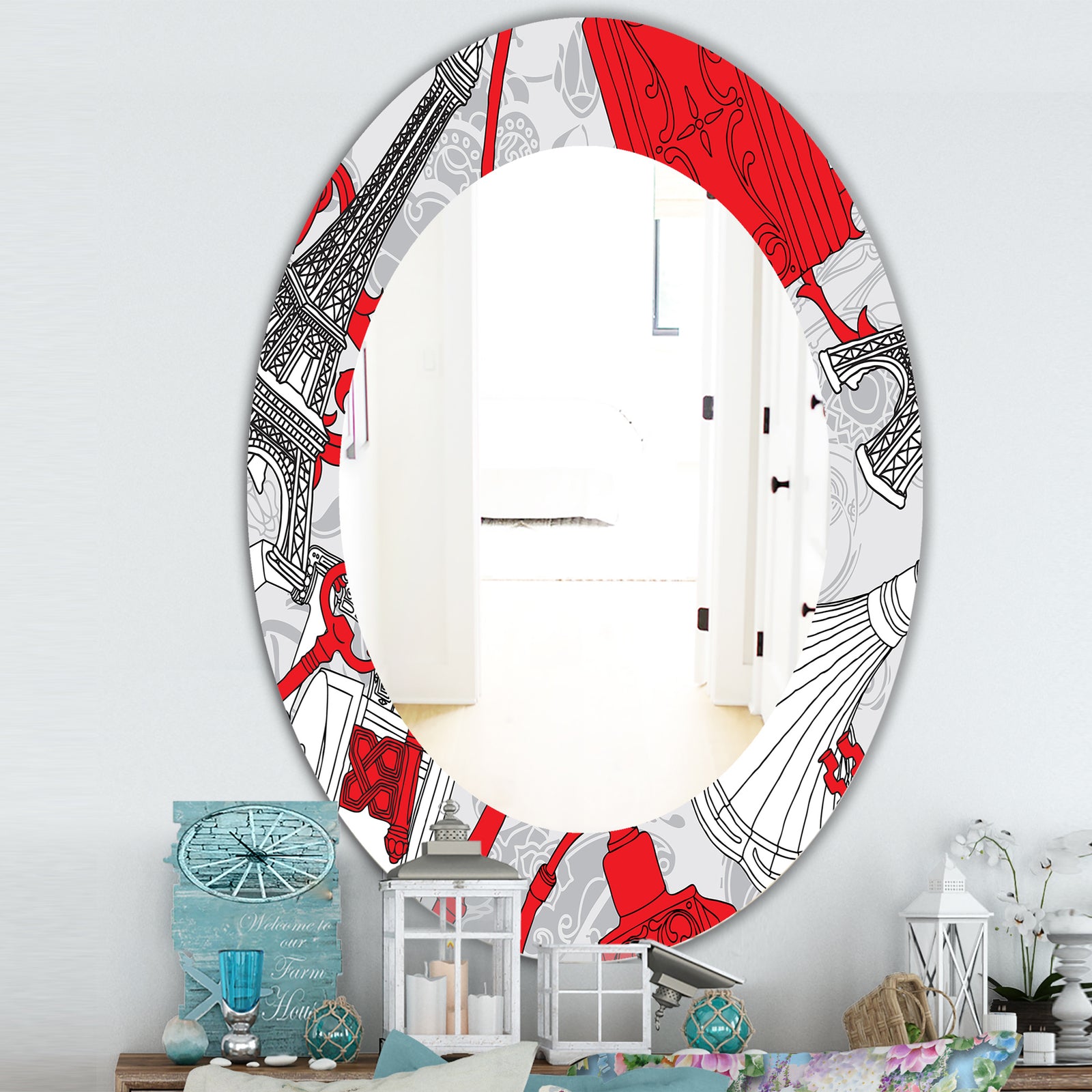 Drawing Of Paris With Red Keys - Traditional Mirror - Frameless Oval or Round Wall Mirror