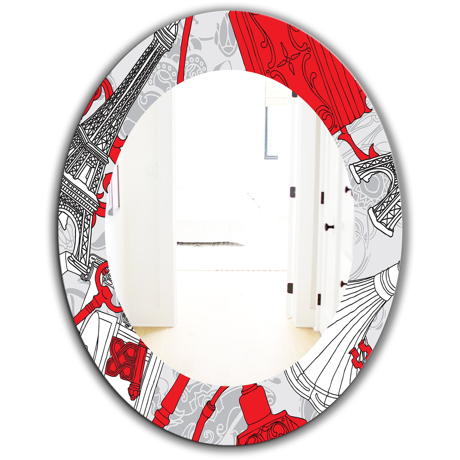 Drawing Of Paris With Red Keys - Traditional Mirror - Frameless Oval or Round Wall Mirror