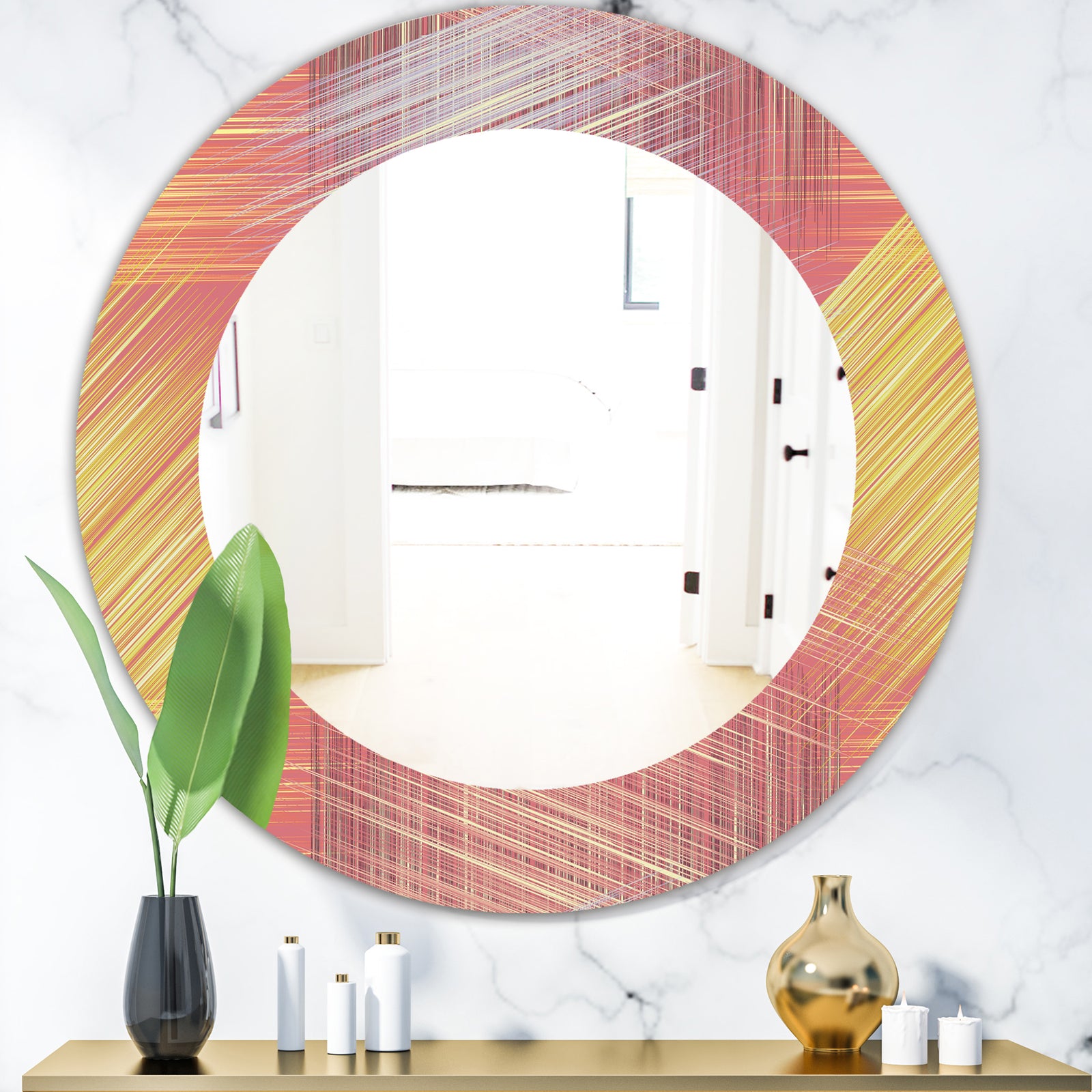Yellow and Pink Striped Pattern - Modern Mirror - Frameless Oval or Round Wall Mirror