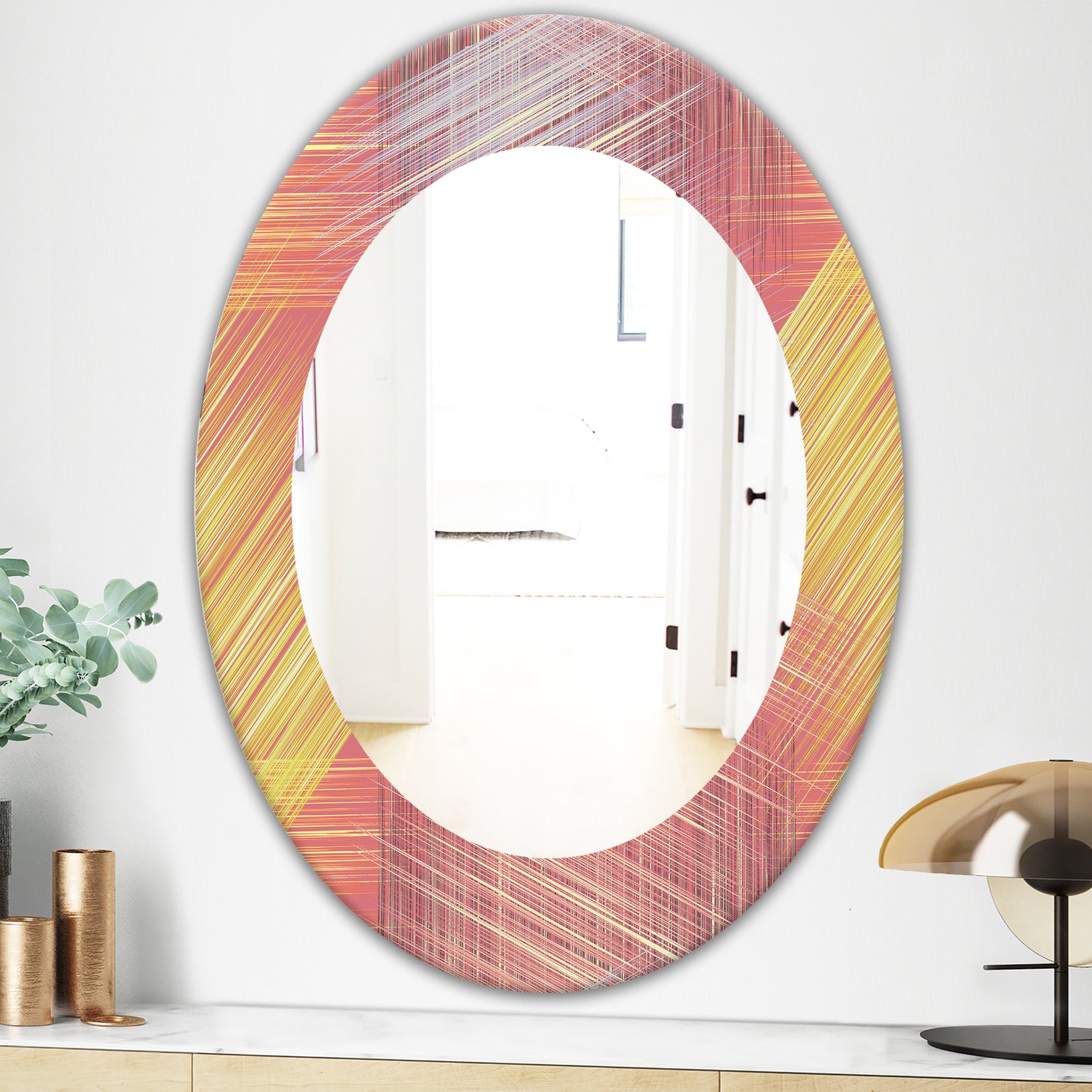 Yellow and Pink Striped Pattern - Modern Mirror - Frameless Oval or Round Wall Mirror