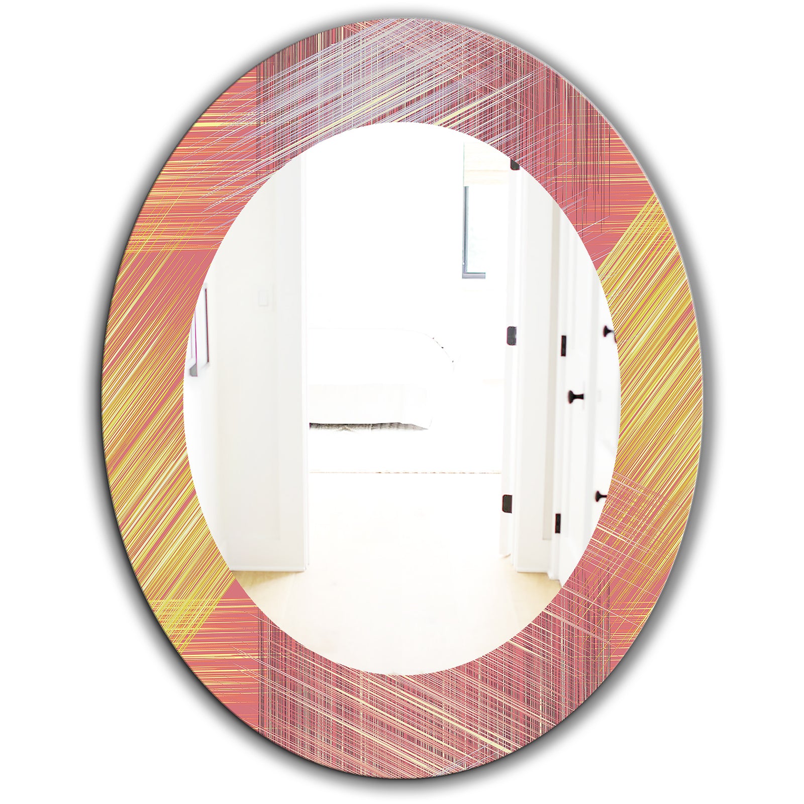 Yellow and Pink Striped Pattern - Modern Mirror - Frameless Oval or Round Wall Mirror