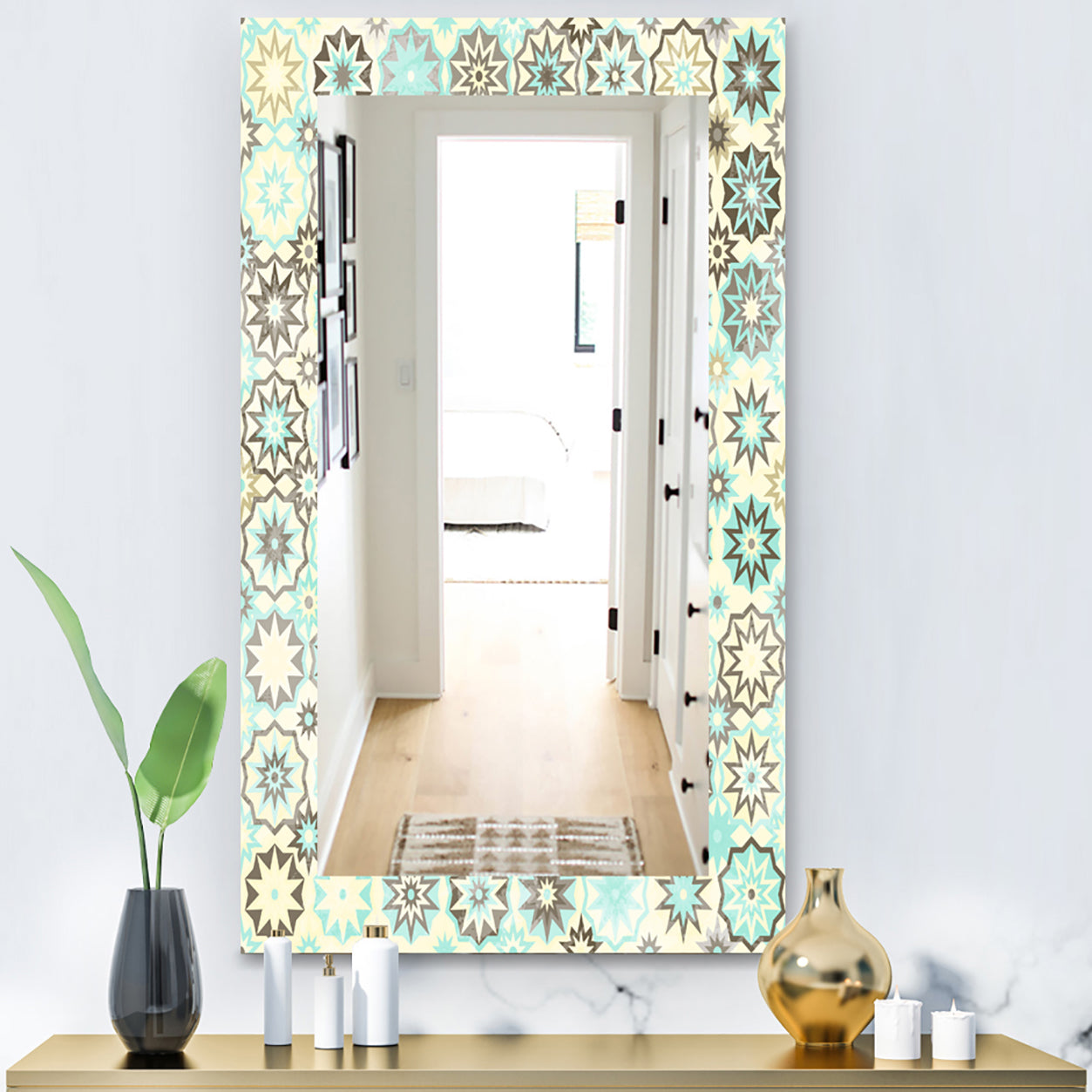 Vintage Snowflakes In Turquoise and Yellow - Bohemian and Eclectic Mirror - Frameless Modern Wall Mirror