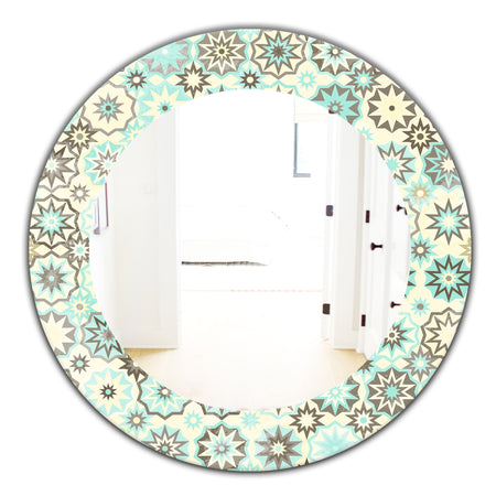 Vintage Snowflakes In Turquoise and Yellow - Bohemian and Eclectic Mirror - Frameless Oval or Round Wall Mirror