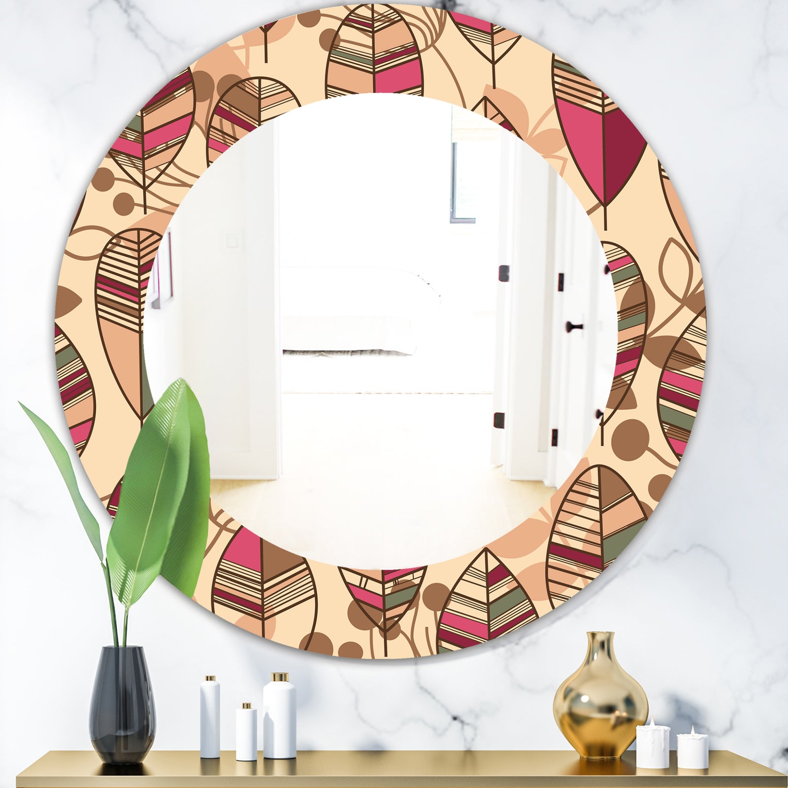 Retro Autum Flowers - Bohemian and Eclectic Mirror - Frameless Oval or Round Wall Mirror