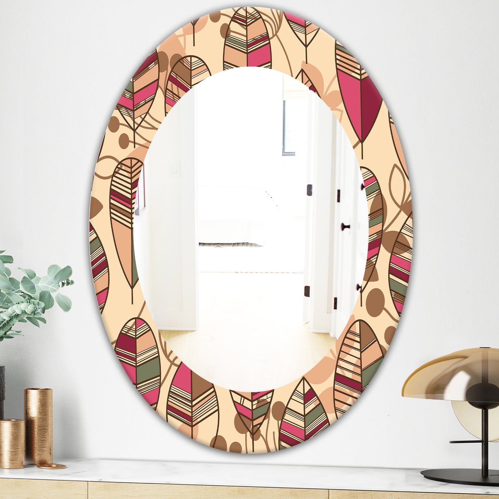 Retro Autum Flowers - Bohemian and Eclectic Mirror - Frameless Oval or Round Wall Mirror