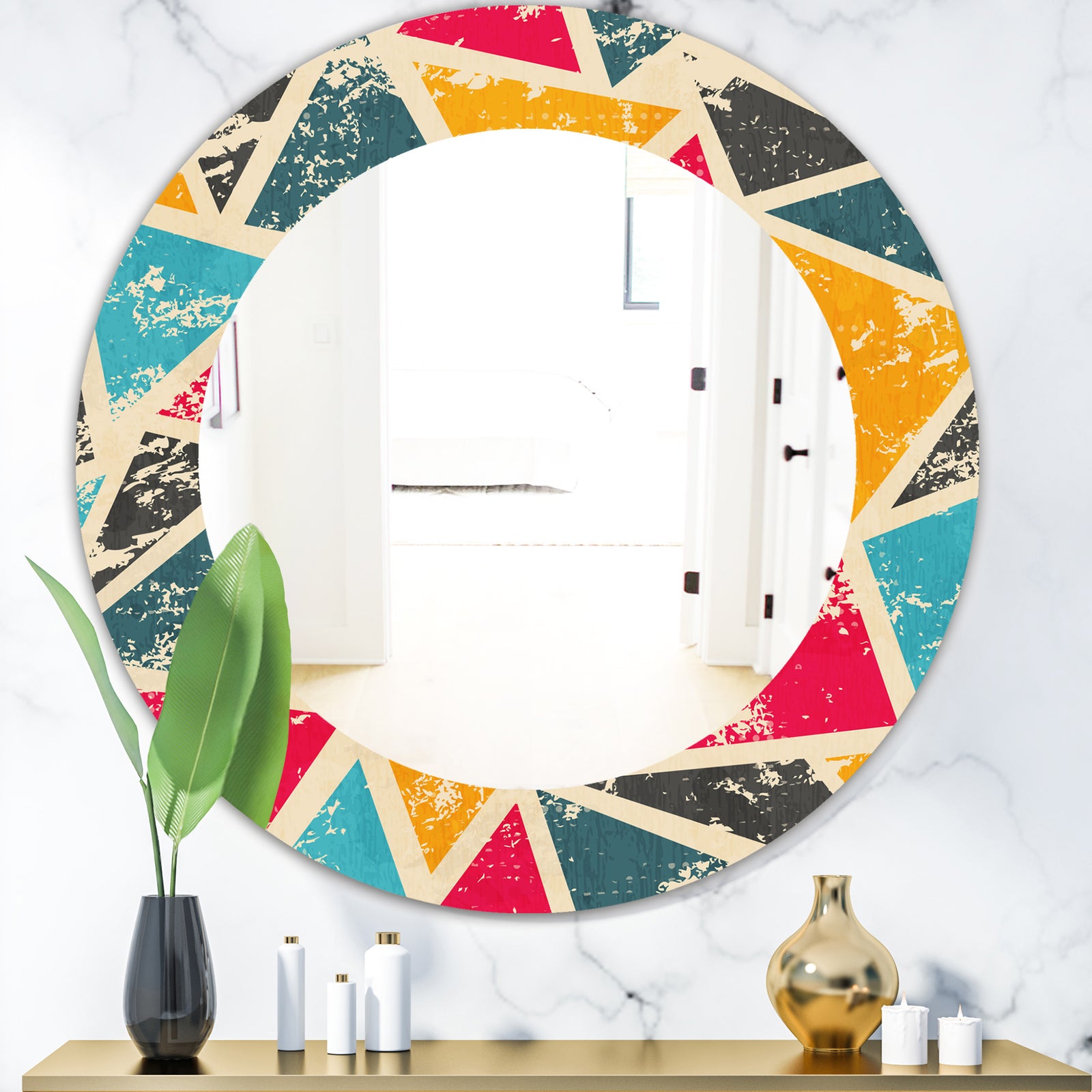 Triangular Colourfields 29 - Modern Mirror - Frameless Oval or Round Wall Mirror