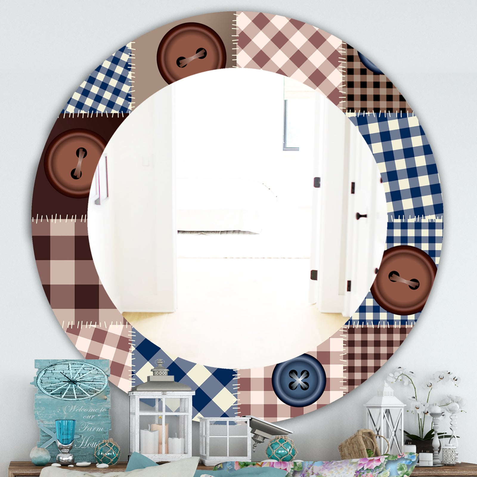 Buttons On Squared Patchwork - Traditional Mirror - Frameless Oval or Round Wall Mirror