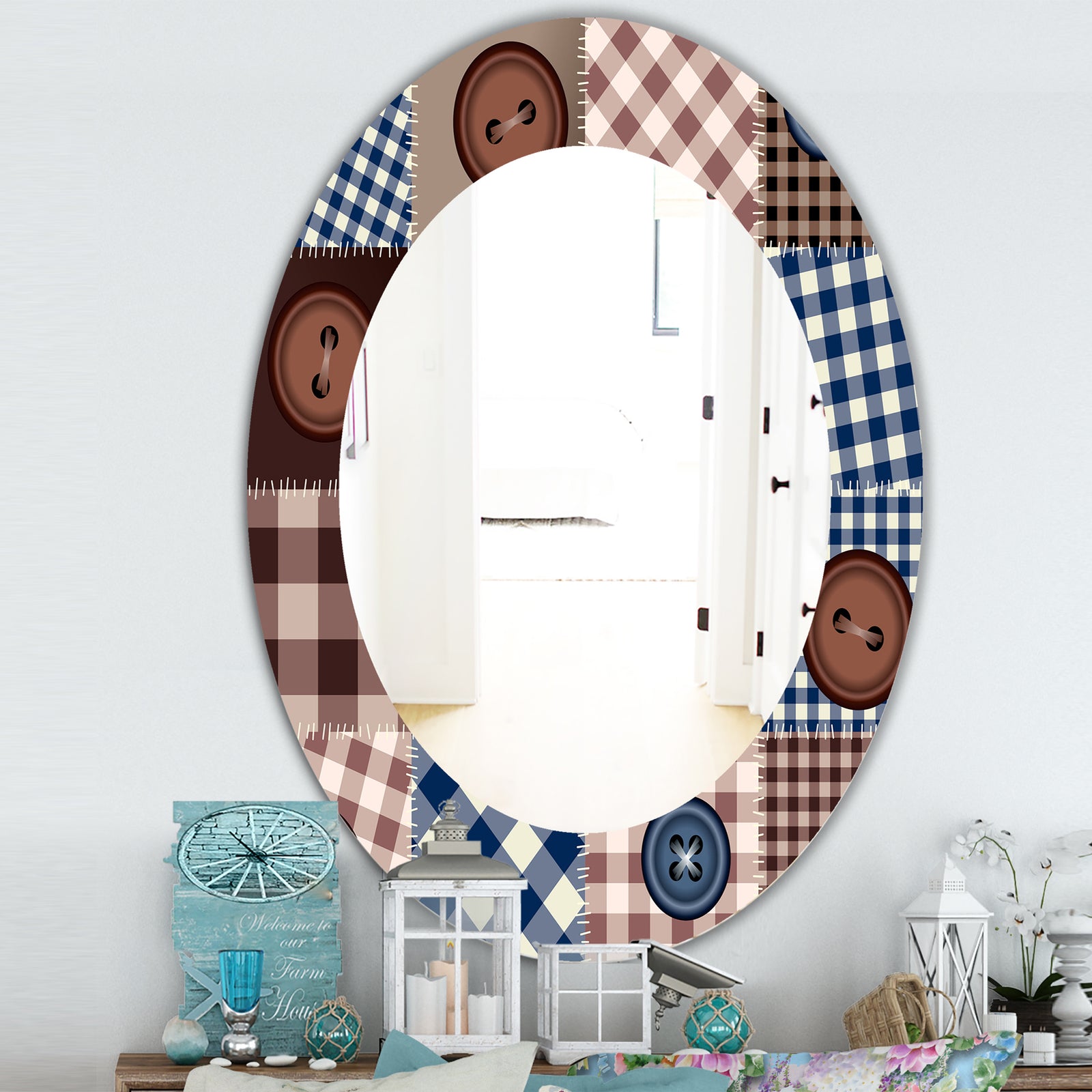 Buttons On Squared Patchwork - Traditional Mirror - Frameless Oval or Round Wall Mirror