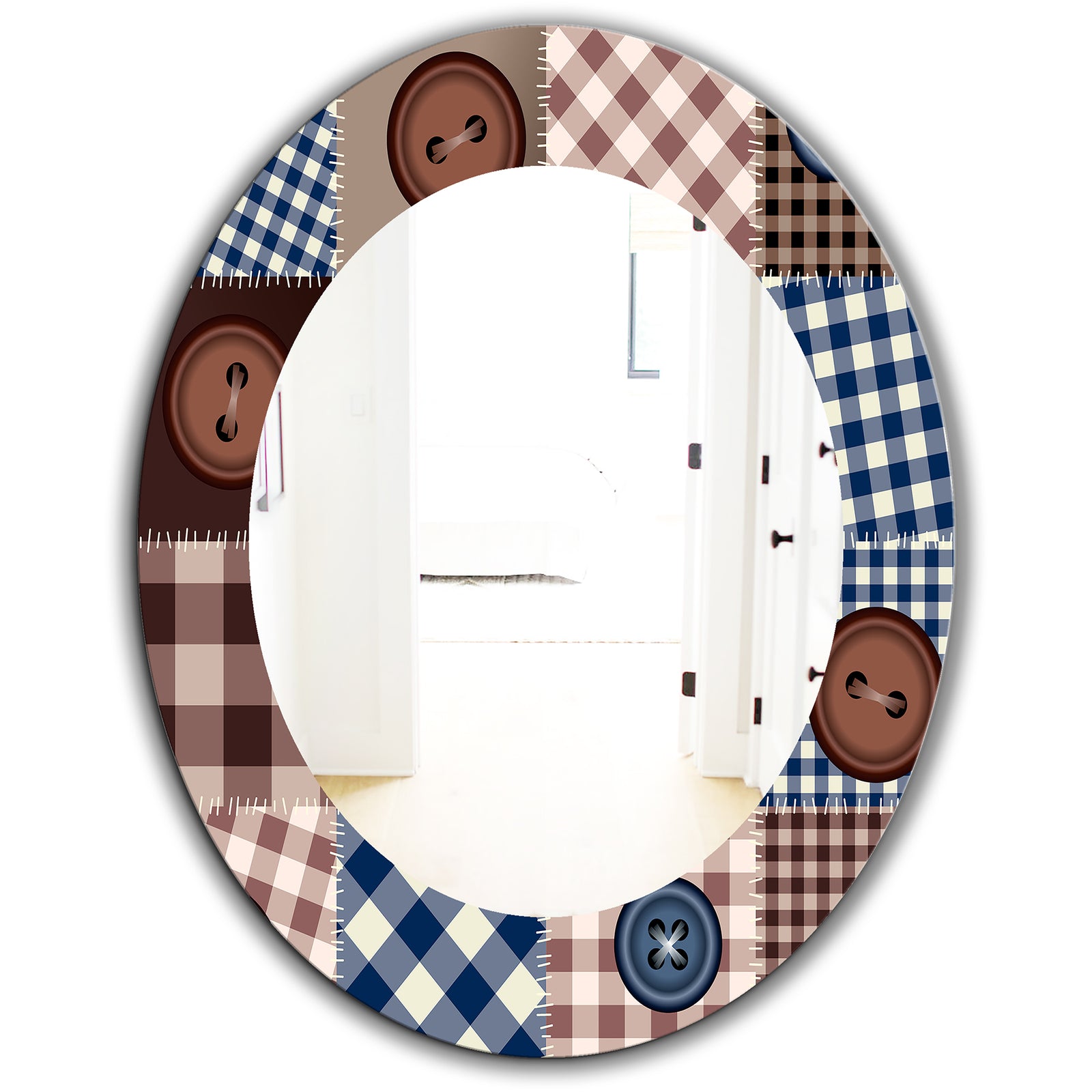 Buttons On Squared Patchwork - Traditional Mirror - Frameless Oval or Round Wall Mirror