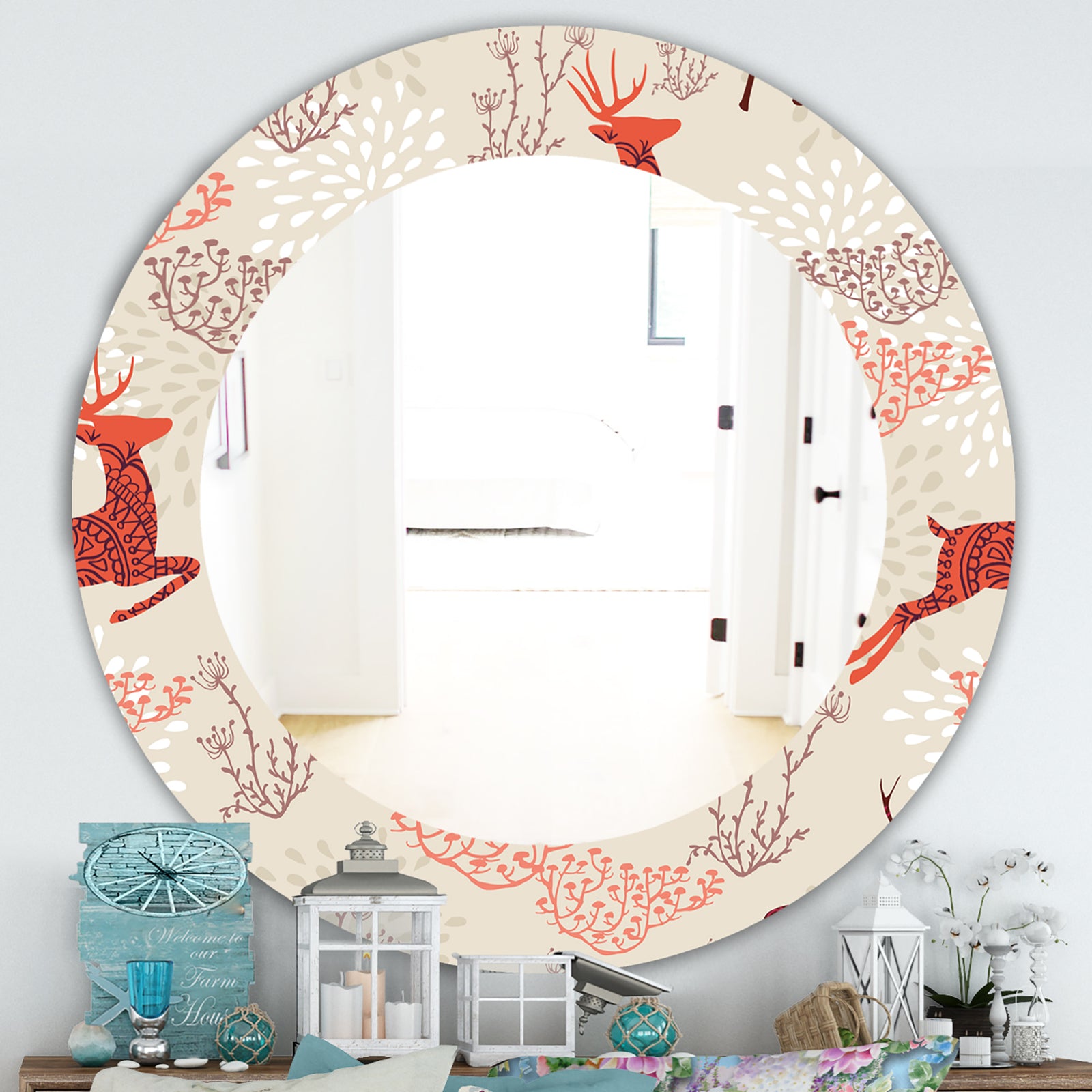 Patterned Christmas Deers - Traditional Mirror - Frameless Oval or Round Wall Mirror