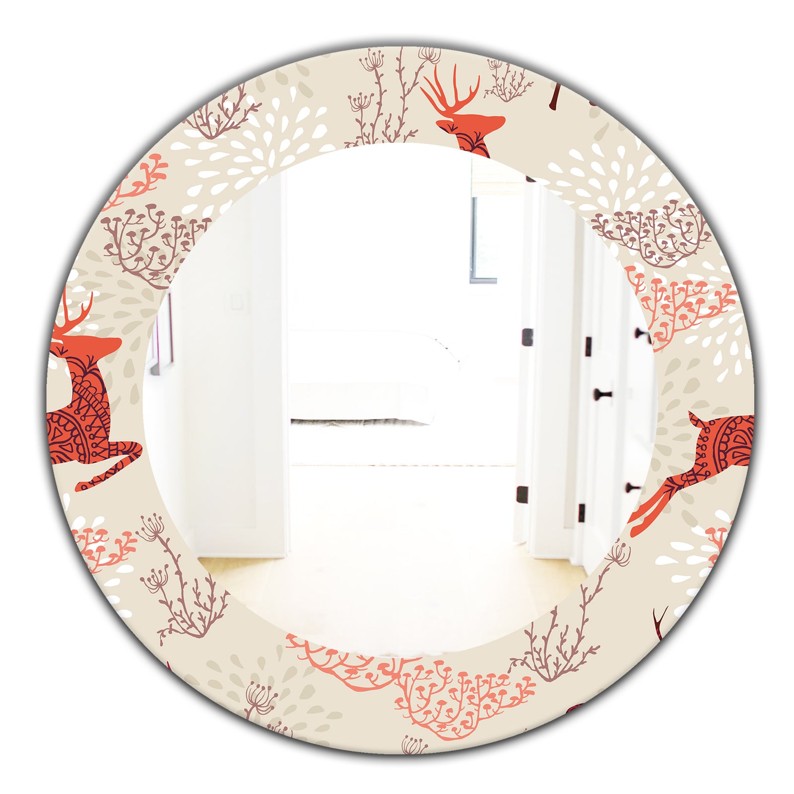 Patterned Christmas Deers - Traditional Mirror - Frameless Oval or Round Wall Mirror