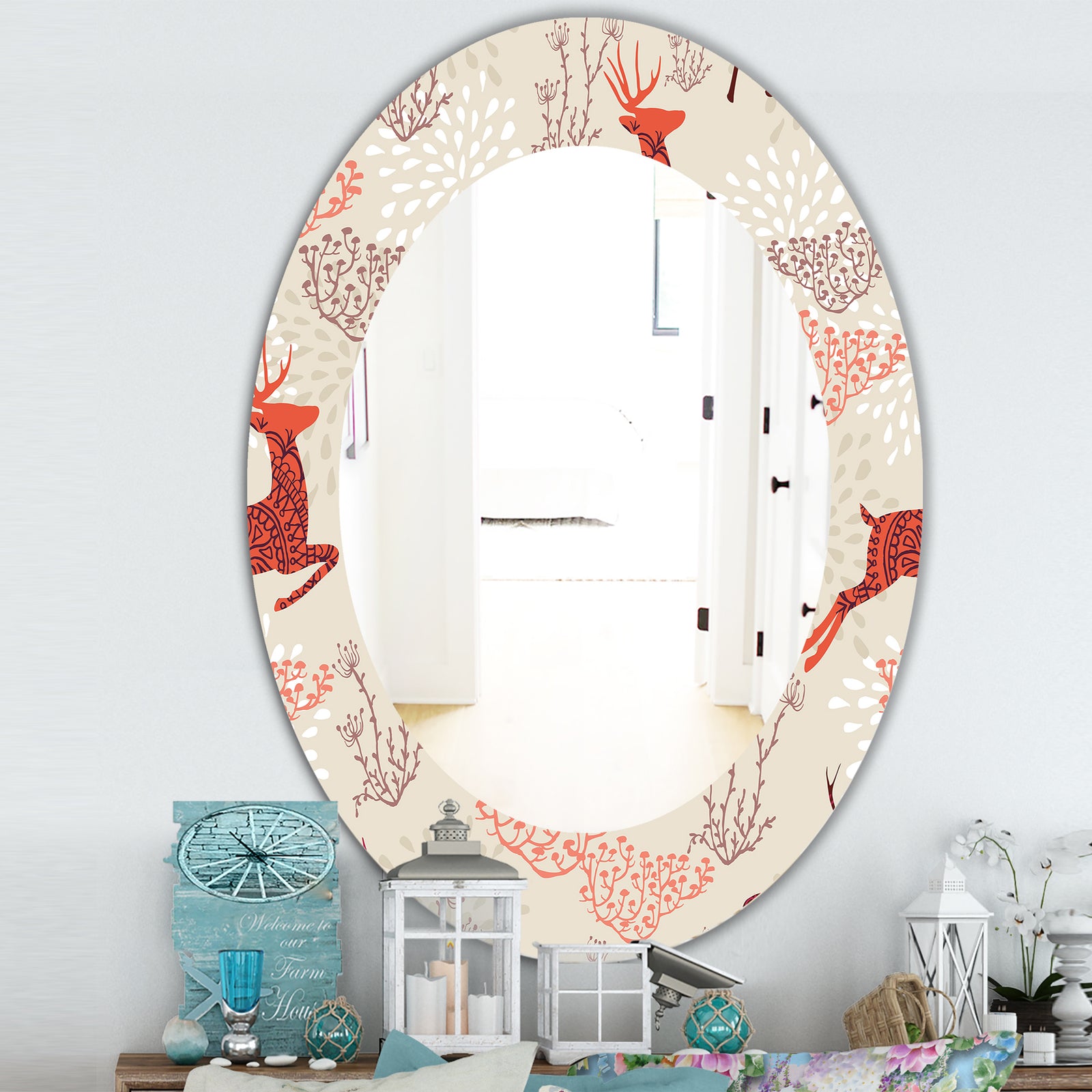 Patterned Christmas Deers - Traditional Mirror - Frameless Oval or Round Wall Mirror