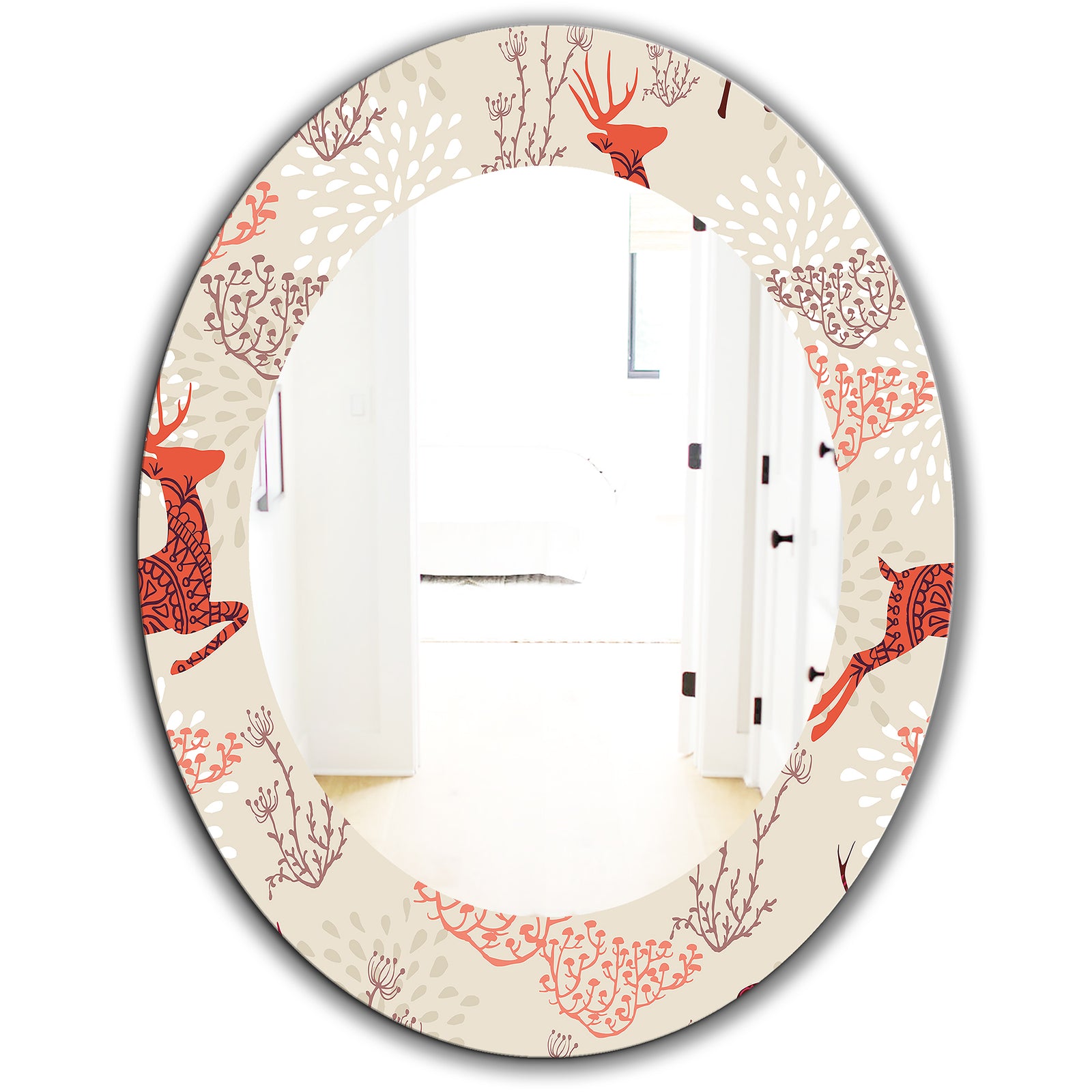 Patterned Christmas Deers - Traditional Mirror - Frameless Oval or Round Wall Mirror