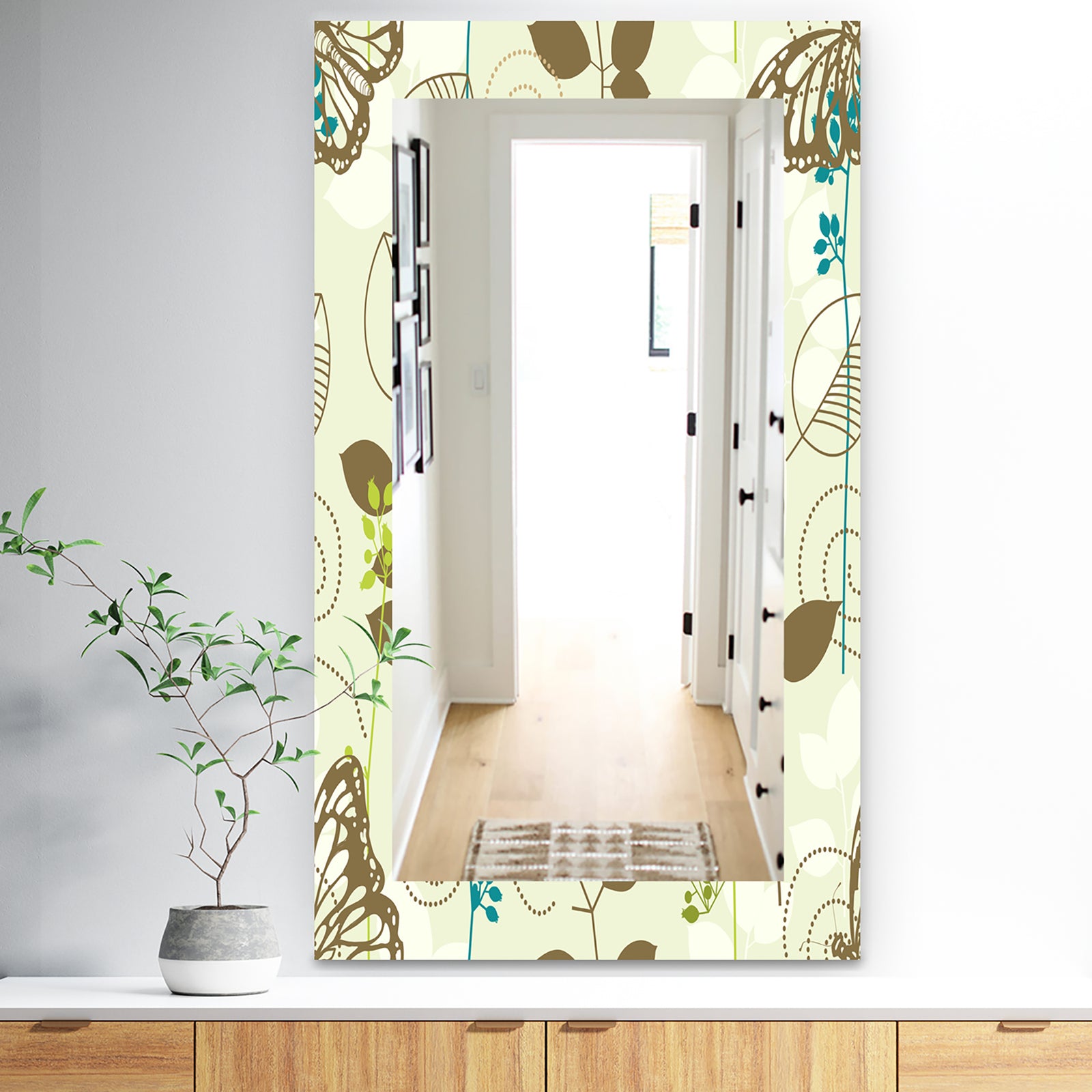 Vintage Blue Butterfly On Brown Leaves - Traditional Mirror - Frameless Wall Mirror