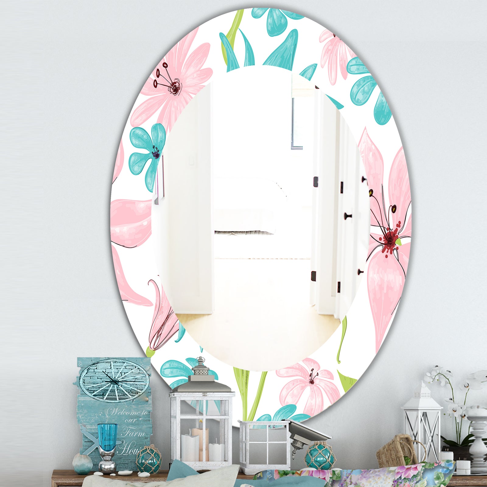 Pink Blossom 32 - Traditional Mirror - Frameless Oval or Round Wall Mirror