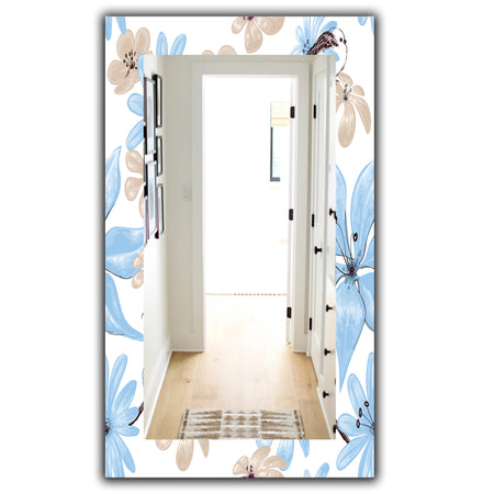 Drawing Of Blue Flowers With Little Bird - Traditional Mirror - Frameless Wall Mirror