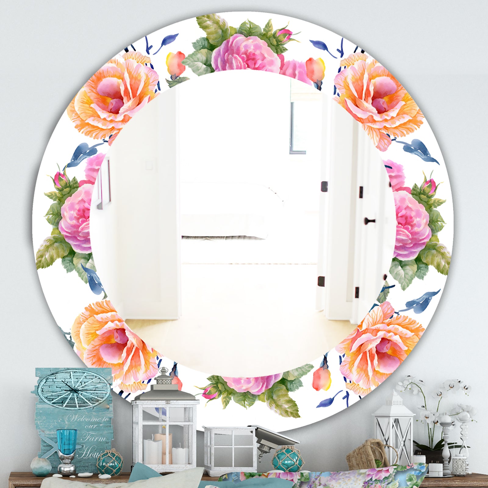 Pink Blossom 34 - Traditional Mirror - Frameless Oval or Round Wall Mirror