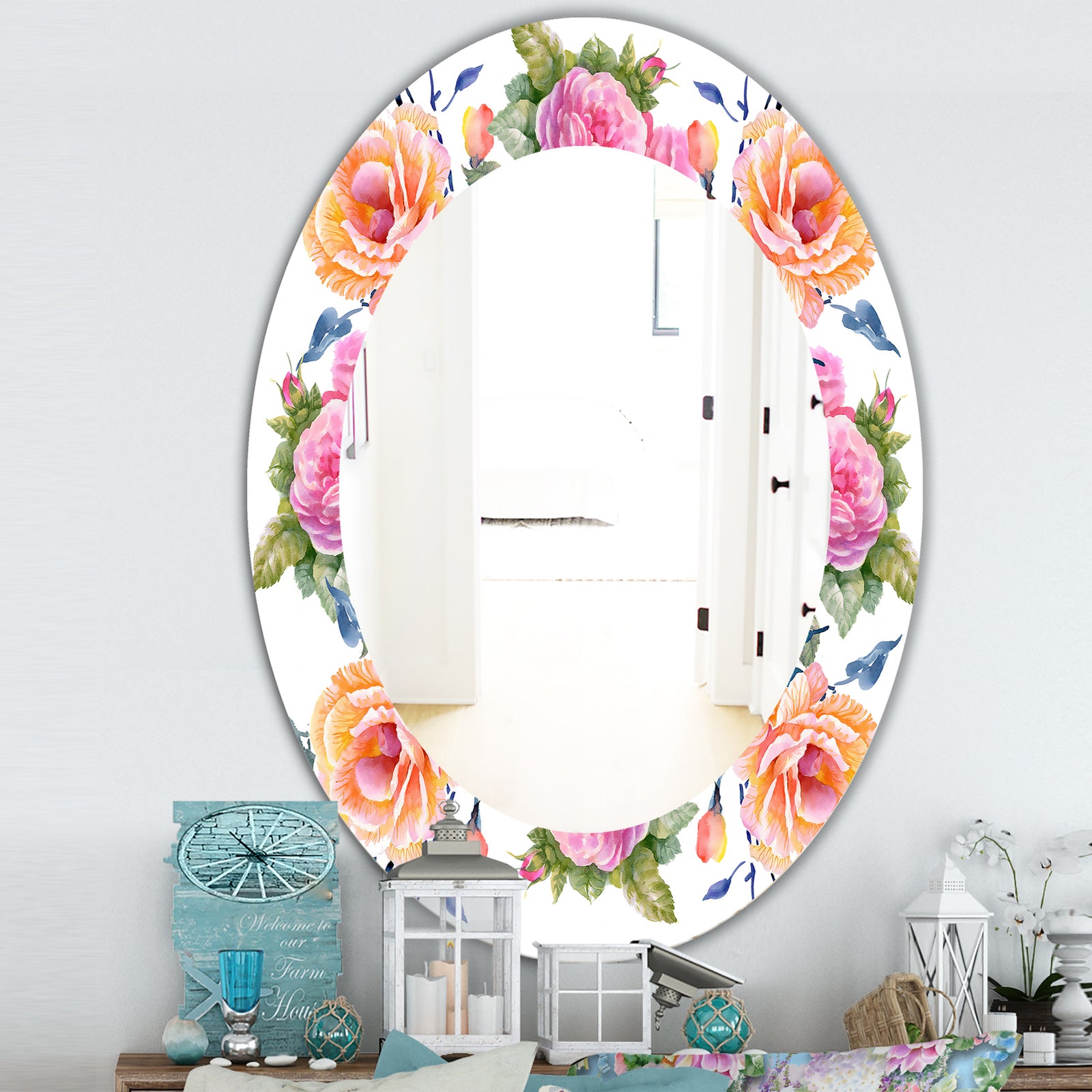 Pink Blossom 34 - Traditional Mirror - Frameless Oval or Round Wall Mirror
