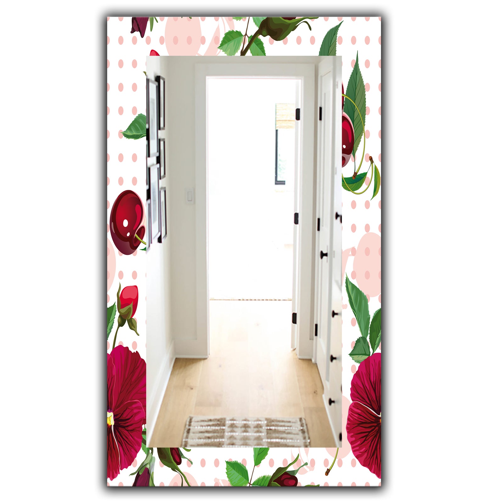 Pansies Cherries and Roses On Pink Dotted - Traditional Mirror - Frameless Wall Mirror