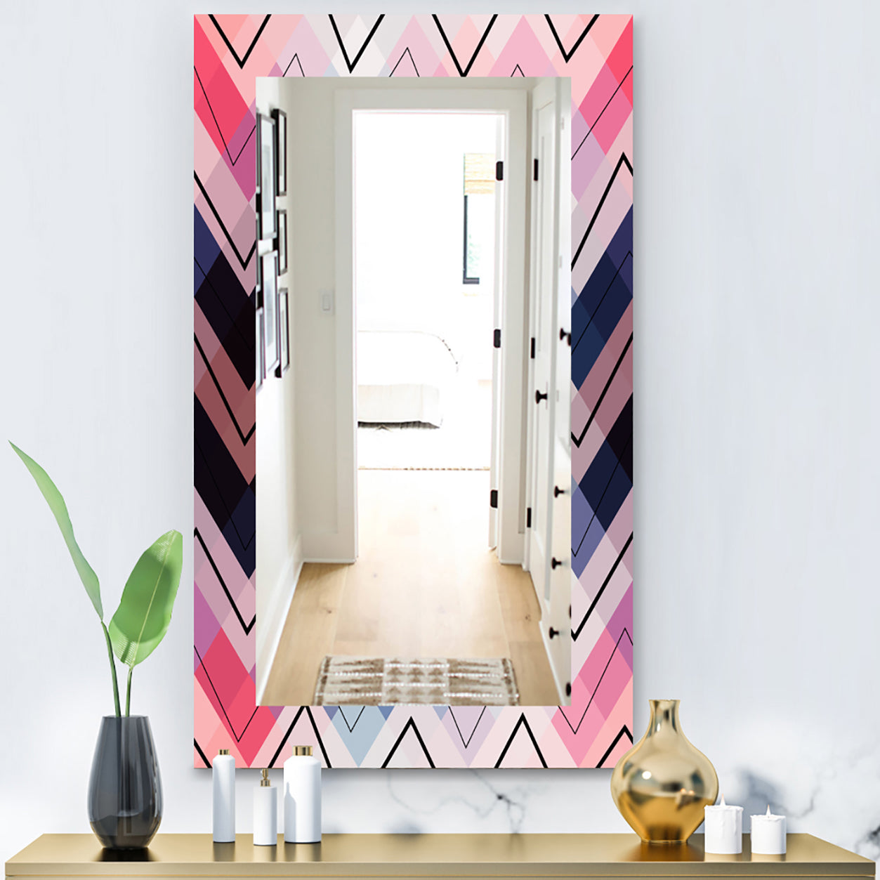 Geometric Chevron In Blue and Pink - Modern Mirror - Wall Mirror