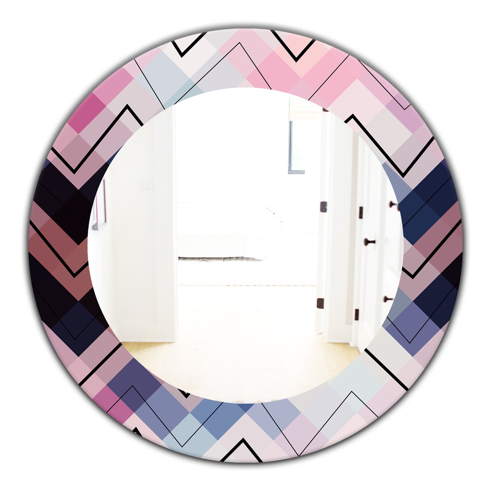 Geometric Chevron In Blue and Pink - Modern Mirror - Oval or Round Wall Mirror