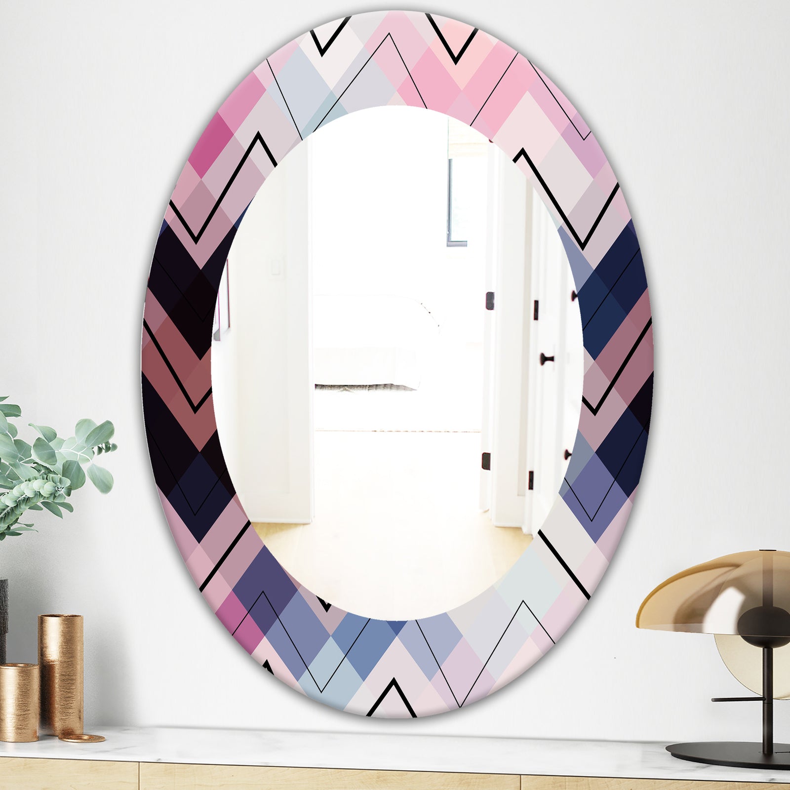 Geometric Chevron In Blue and Pink - Modern Mirror - Oval or Round Wall Mirror