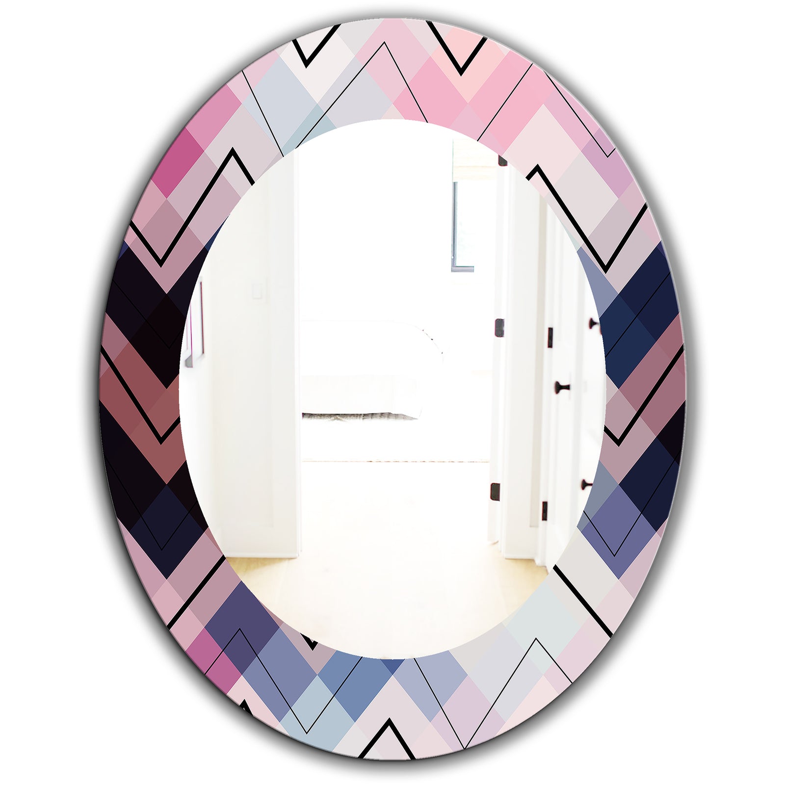 Geometric Chevron In Blue and Pink - Modern Mirror - Oval or Round Wall Mirror