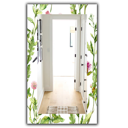 Handdrawn Painting Of Meadow With Butterflies Birds and Herbs - Traditional Mirror - Wall Mirror
