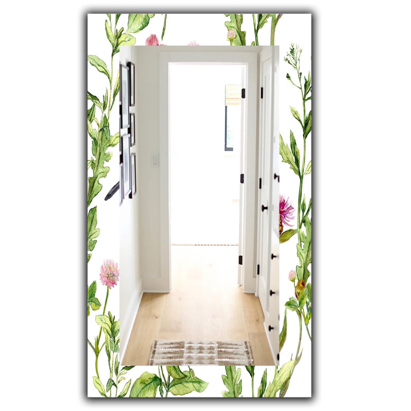 Handdrawn Painting Of Meadow With Butterflies Birds and Herbs - Traditional Mirror - Wall Mirror