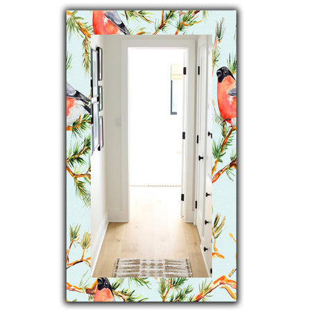 Little Bird With Red Chest On Pine Branch - Traditional Mirror - Vanity Mirror