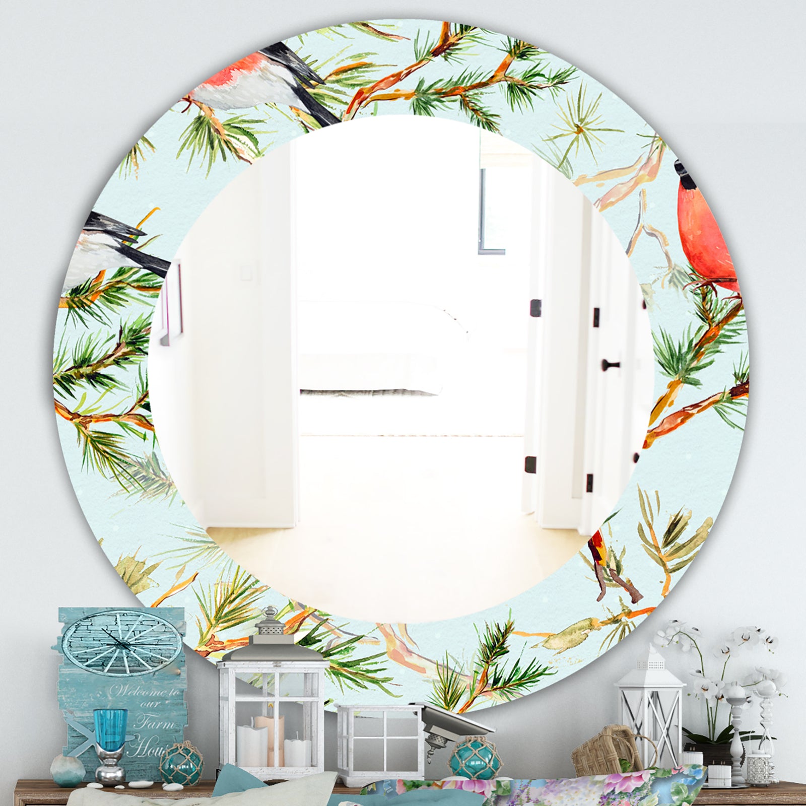 Little Bird With Red Chest On Pine Branch - Traditional Mirror - Oval or Round Wall Mirror