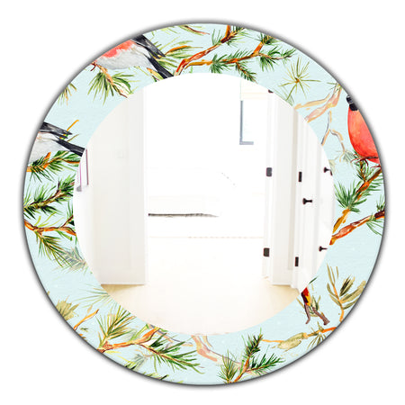 Little Bird With Red Chest On Pine Branch - Traditional Mirror - Oval or Round Wall Mirror