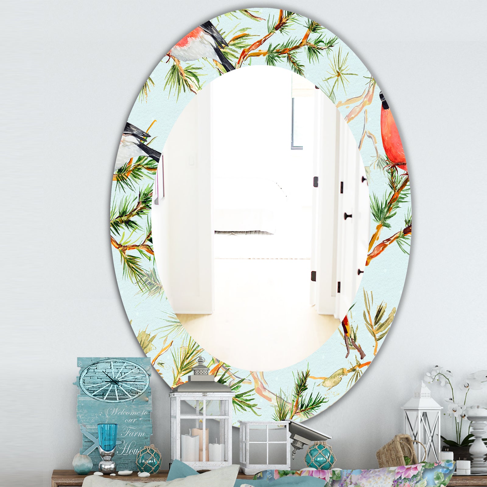 Little Bird With Red Chest On Pine Branch - Traditional Mirror - Oval or Round Wall Mirror