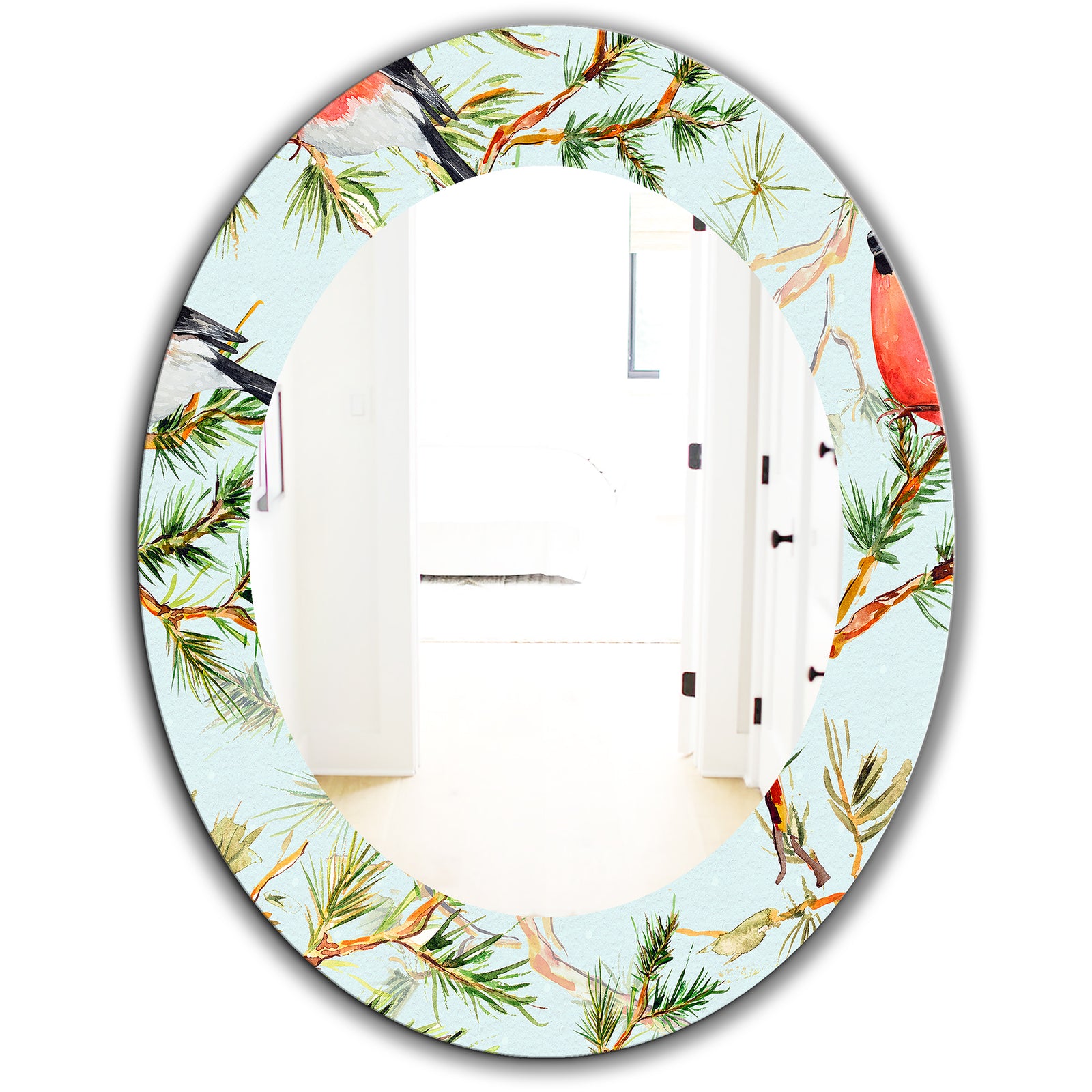 Little Bird With Red Chest On Pine Branch - Traditional Mirror - Oval or Round Wall Mirror