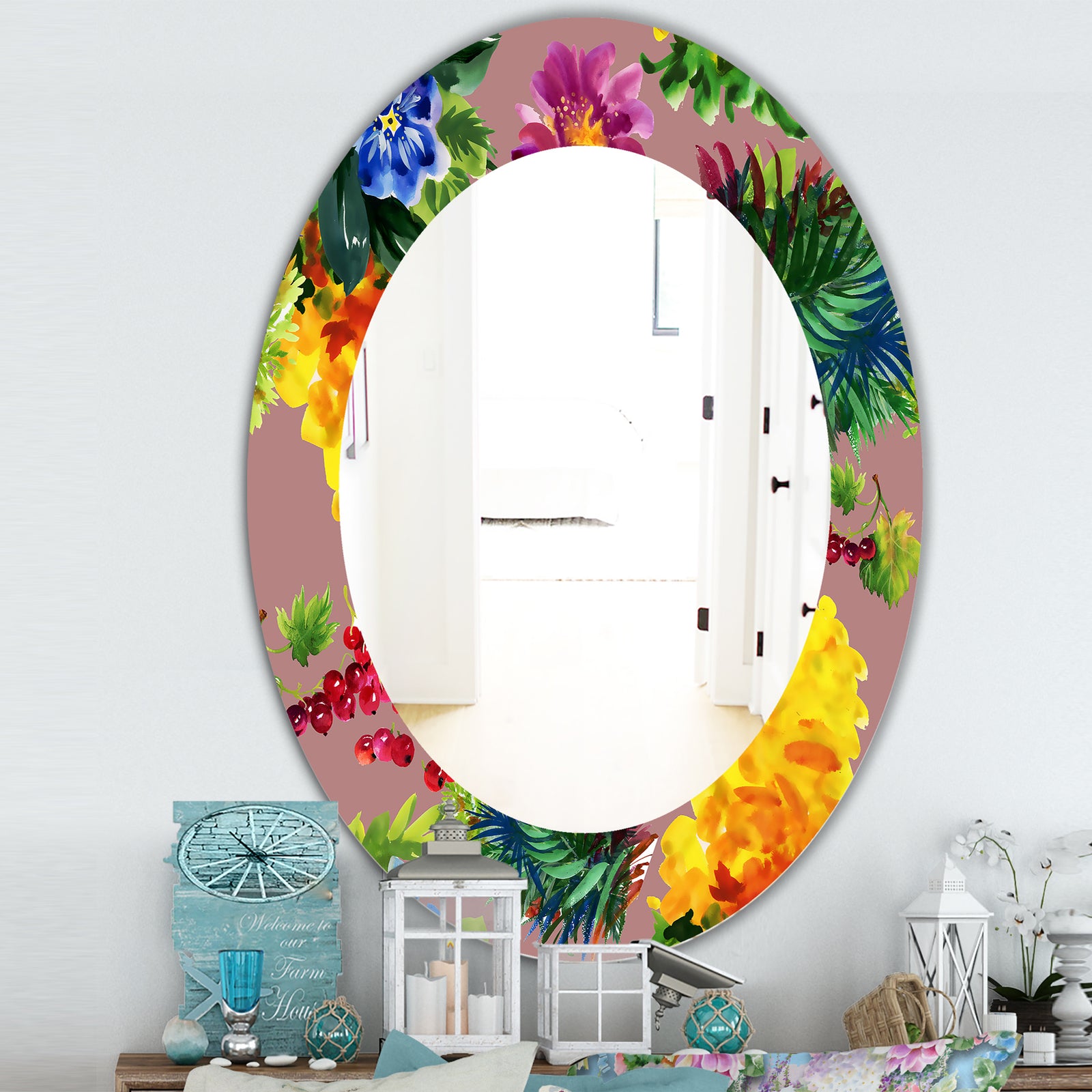 Flower With Little Red Berries - Traditional Mirror - Oval or Round Wall Mirror