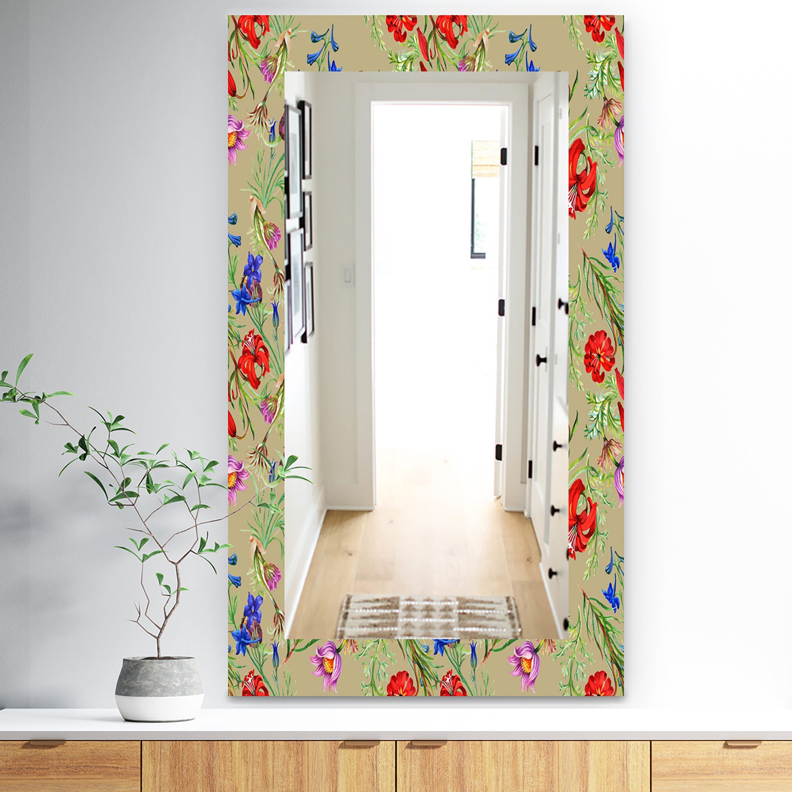 Red Purple and Little Blue Blossoming Flowers - Traditional Mirror - Vanity Mirror