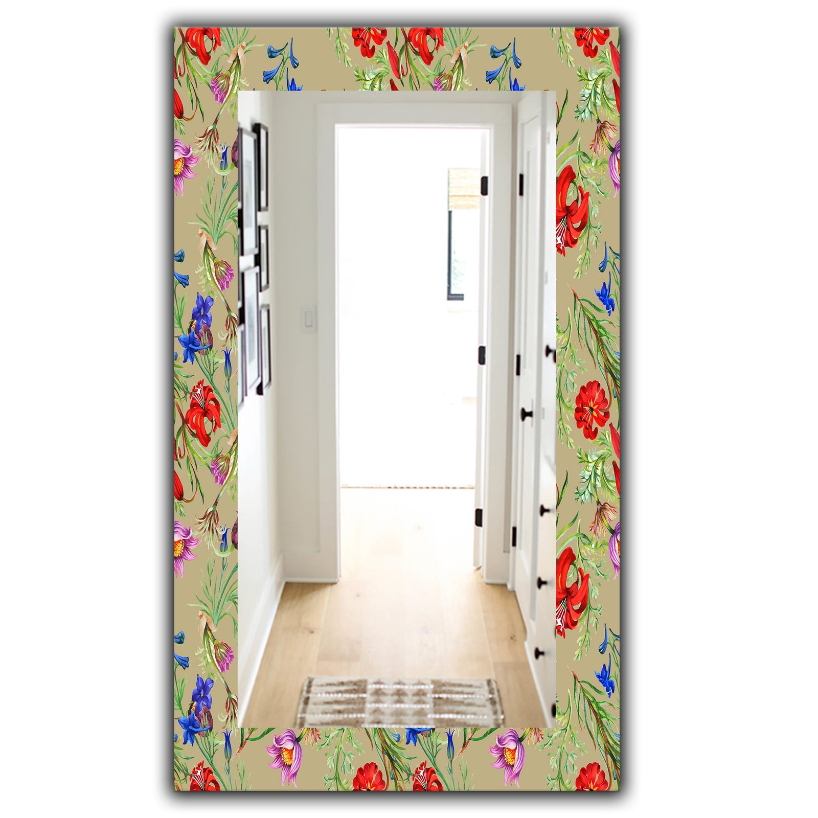 Red Purple and Little Blue Blossoming Flowers - Traditional Mirror - Vanity Mirror