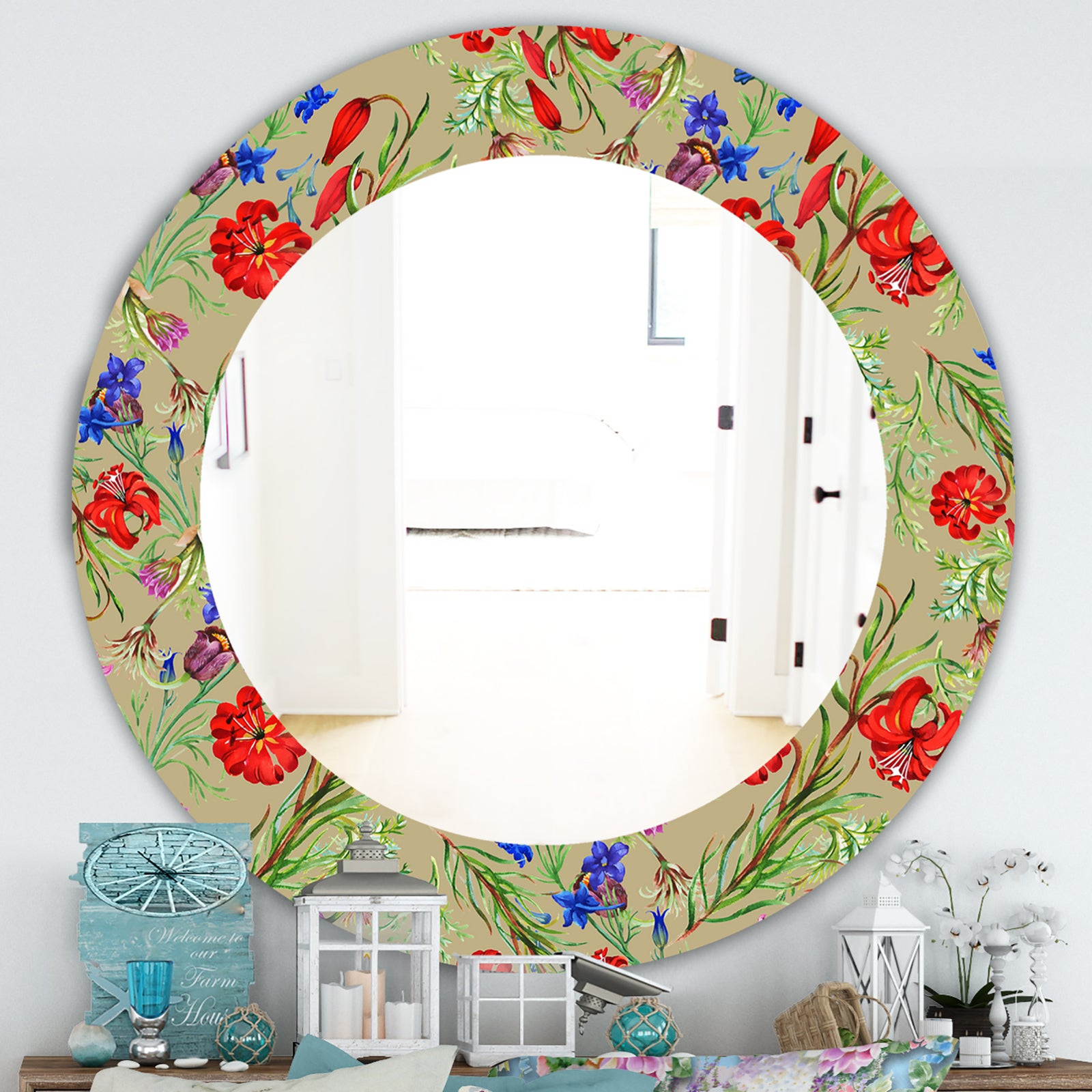 Red Purple and Little Blue Blossoming Flowers - Traditional Mirror - Frameless Oval or Round Wall Mirror