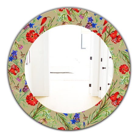 Red Purple and Little Blue Blossoming Flowers - Traditional Mirror - Frameless Oval or Round Wall Mirror