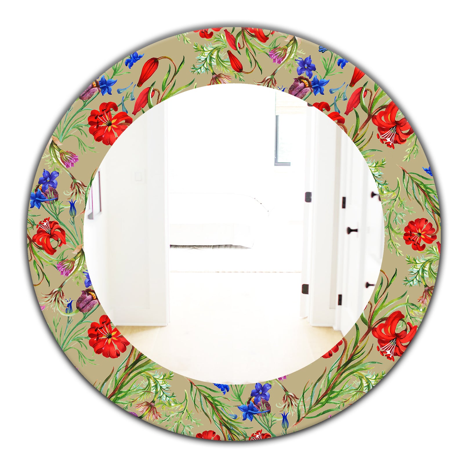 Red Purple and Little Blue Blossoming Flowers - Traditional Mirror - Frameless Oval or Round Wall Mirror