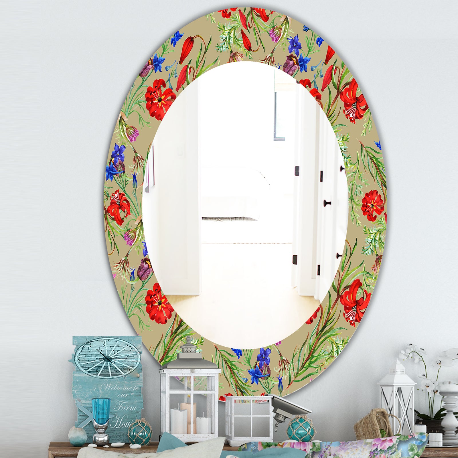 Red Purple and Little Blue Blossoming Flowers - Traditional Mirror - Frameless Oval or Round Wall Mirror