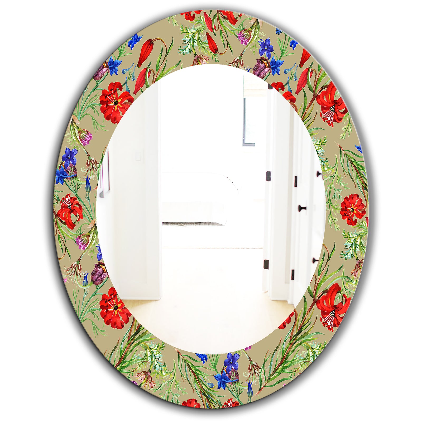 Red Purple and Little Blue Blossoming Flowers - Traditional Mirror - Frameless Oval or Round Wall Mirror