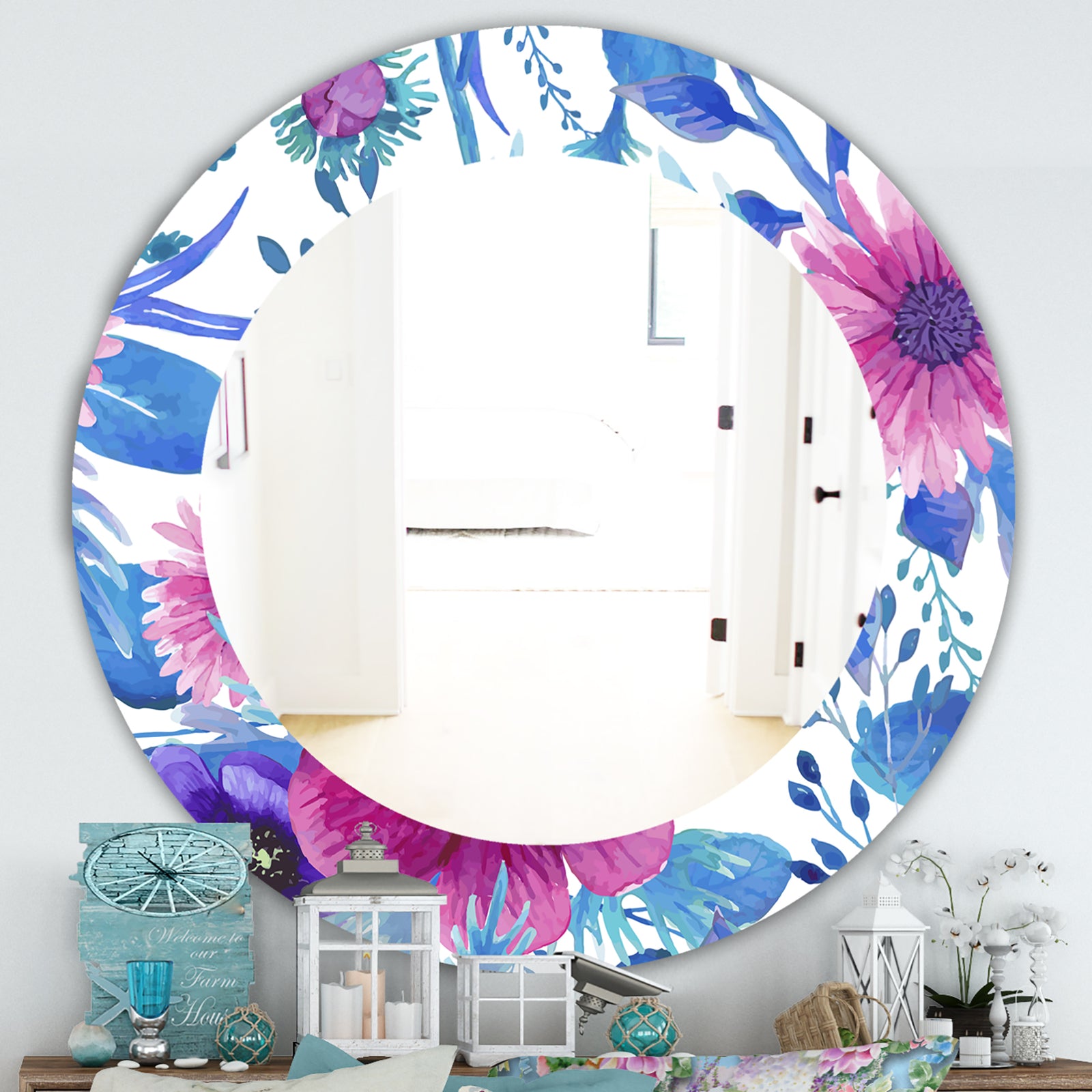 Purple Bloom 6 - Traditional Bathroom Mirror - Frameless Oval or Round Wall Mirror