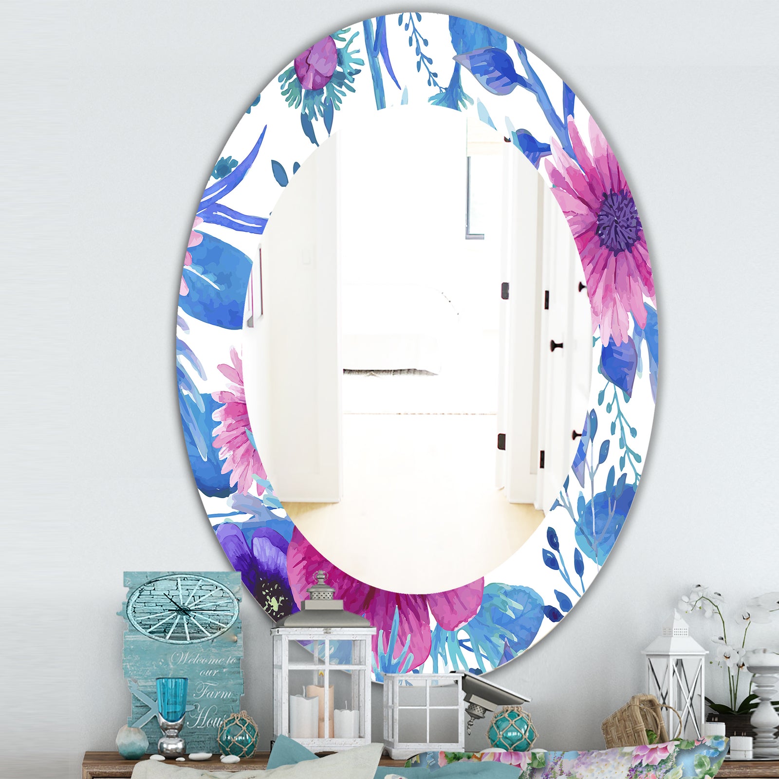 Purple Bloom 6 - Traditional Bathroom Mirror - Frameless Oval or Round Wall Mirror