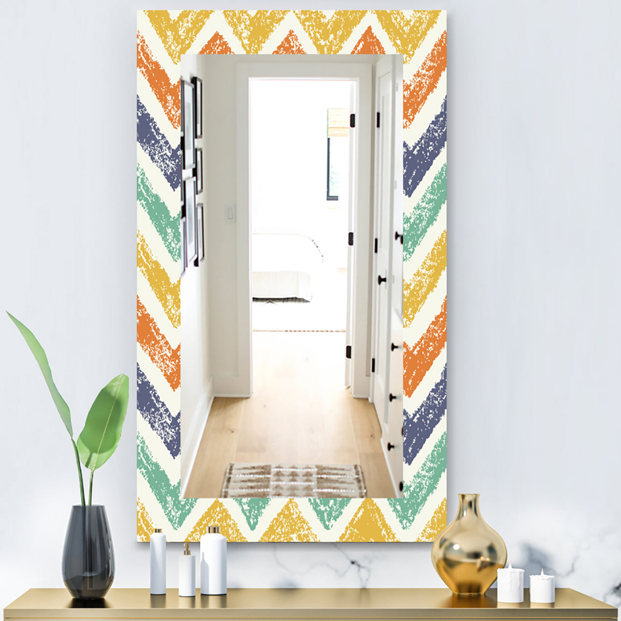 Retro Chevron In Orange Blue and Yellow - Bohemian and Eclectic Mirror - Frameless Modern Wall Mirror
