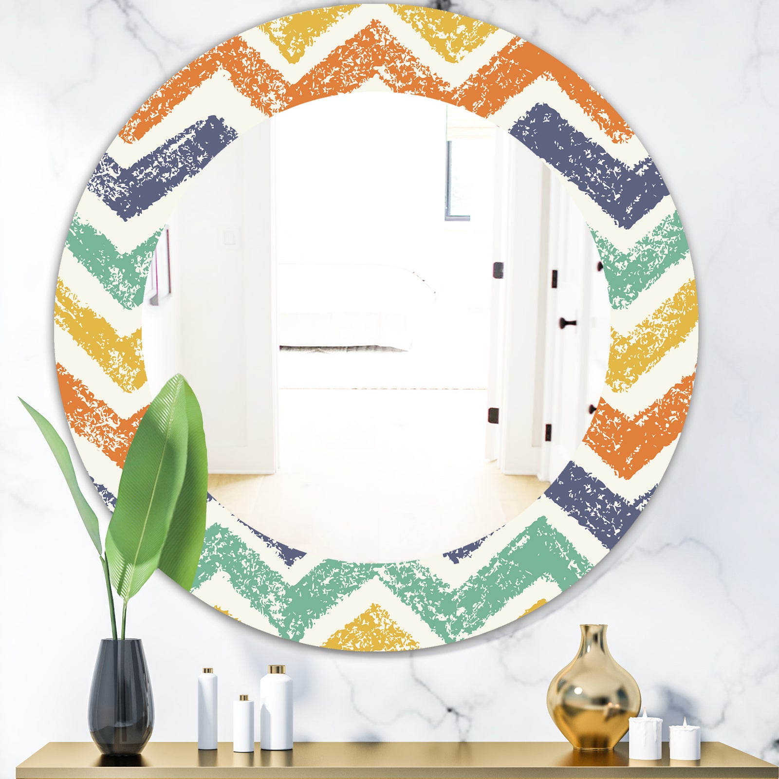 Retro Chevron In Orange Blue and Yellow - Bohemian and Eclectic Mirror - Frameless Oval or Round Wall Mirror