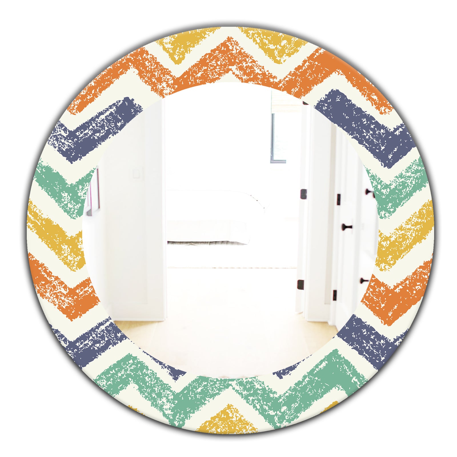 Retro Chevron In Orange Blue and Yellow - Bohemian and Eclectic Mirror - Frameless Oval or Round Wall Mirror