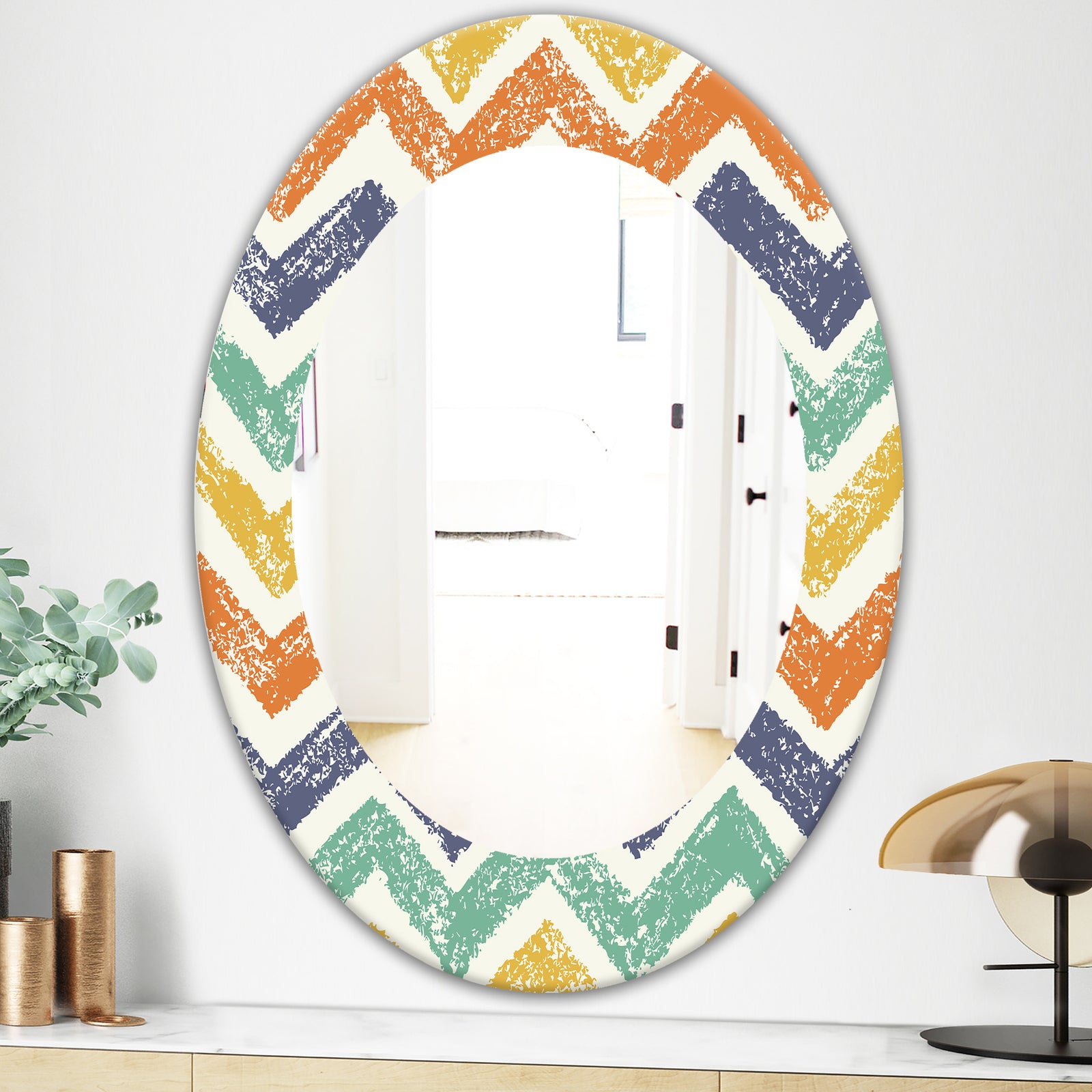 Retro Chevron In Orange Blue and Yellow - Bohemian and Eclectic Mirror - Frameless Oval or Round Wall Mirror