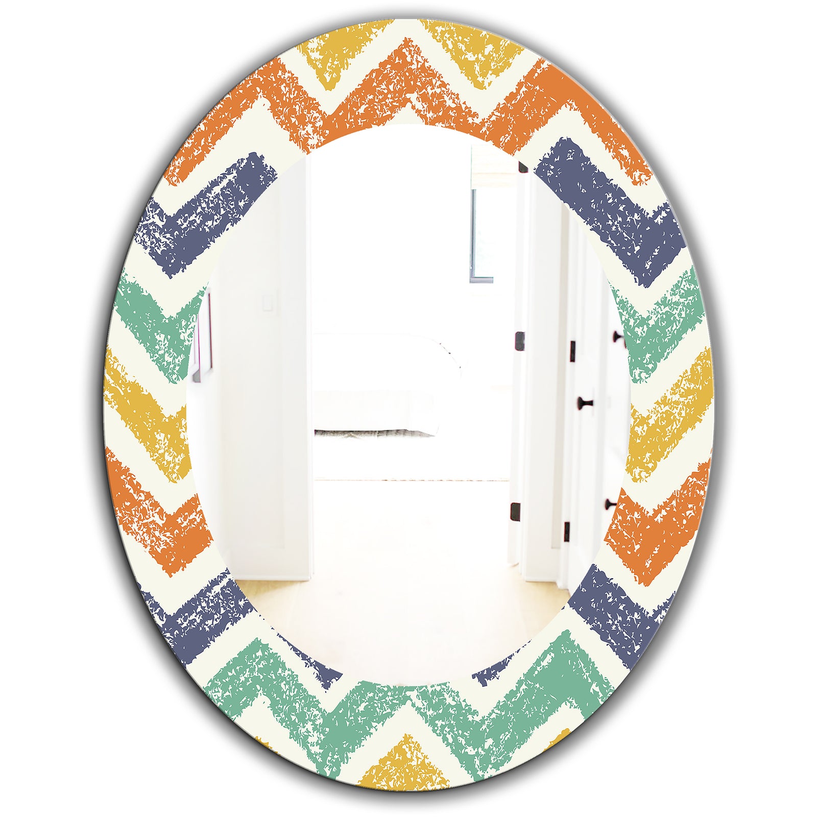 Retro Chevron In Orange Blue and Yellow - Bohemian and Eclectic Mirror - Frameless Oval or Round Wall Mirror