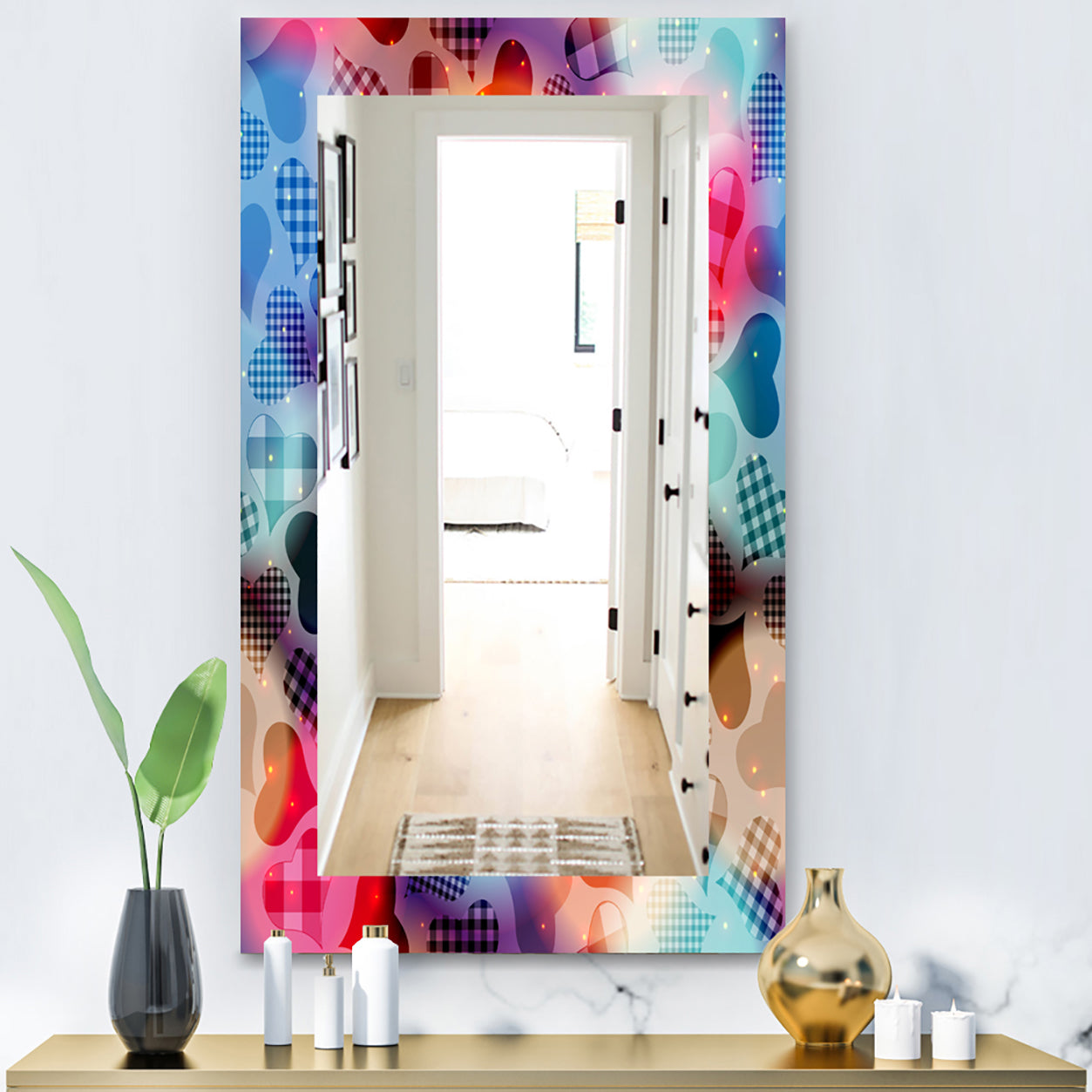 Floating Hearts With Squared Pattern - Modern Mirror - Vanity Mirror